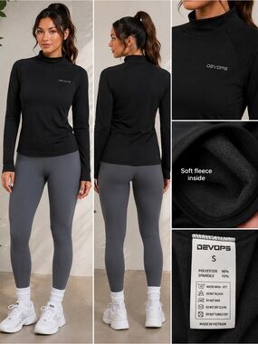 DEVOPS Black Fleece Lined Mock Neck Long Sleeve Athletic Top Size S